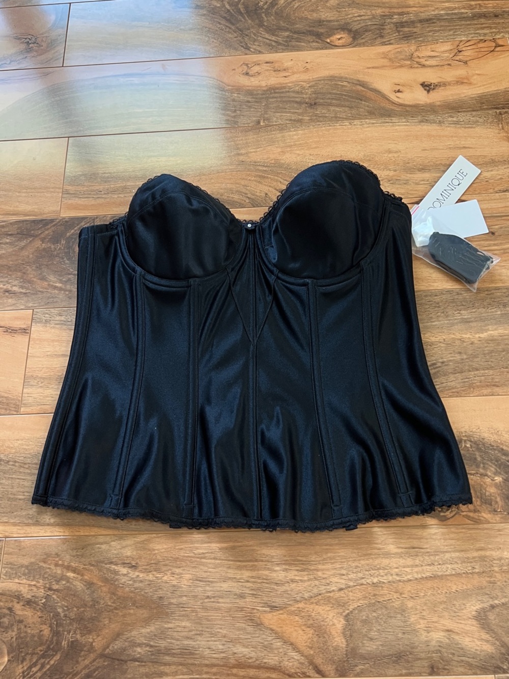 Dominique Black Longline Bustier Corset Bra 40B Strapless Padded Bridal NWT